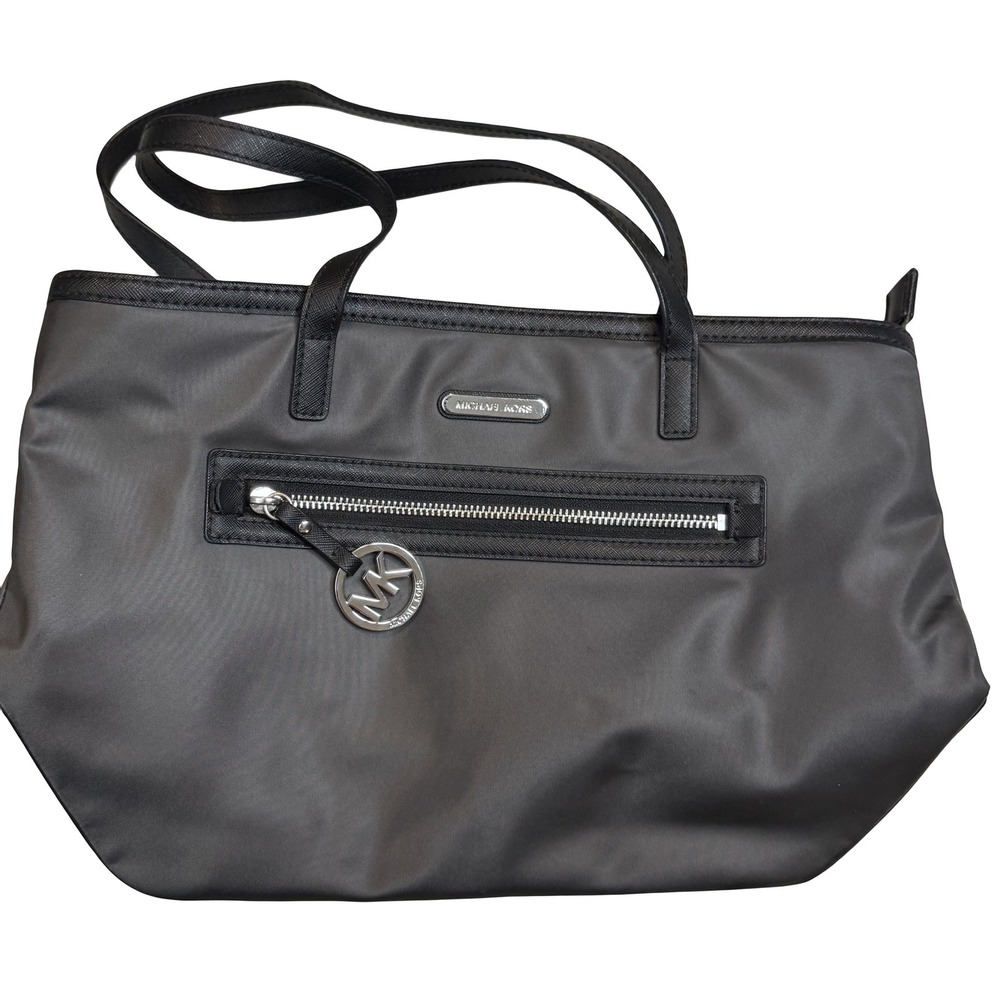 Michael Kors Tote Bag Gray Nylon Black Leather Trim MK Charm Zip Pocket